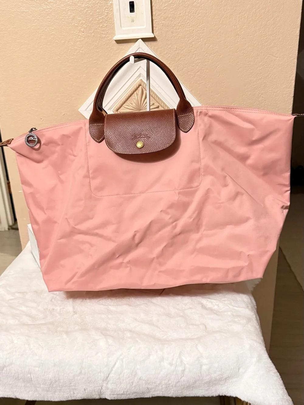Longchamp Pink Nylon Tote with Brown Leather Handles